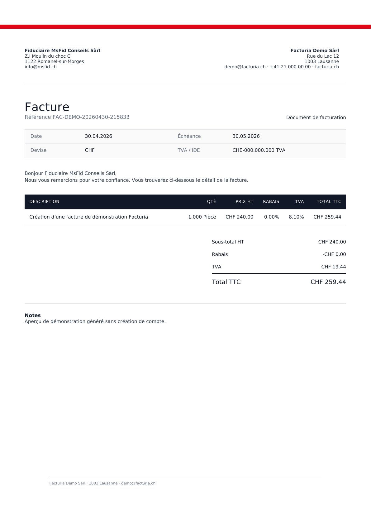 Première page du PDF de facture Facturia